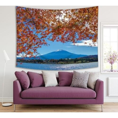 Tapestry Maple Tree Branches with a background of Mountain Fuji and Lake in November Fall Seasonal Scenery Mustard Blue Green