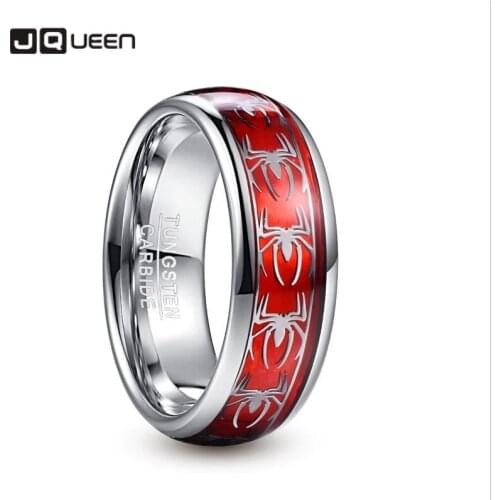 8mm Wide Inlaid Red Opal Paper + Spider Motif Tungsten Steel Mens Ring Wedding Band Tungsten Carbide Ring T227R