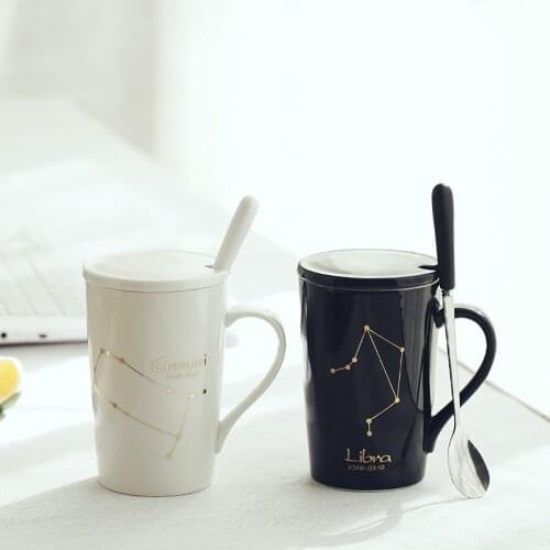 Ceramic Mug 12 Constellations Creative Mugs with Spoon Lid Black and Gold Porcelain Zodiac Milk Coffee Cup Drinkware Funny mugs