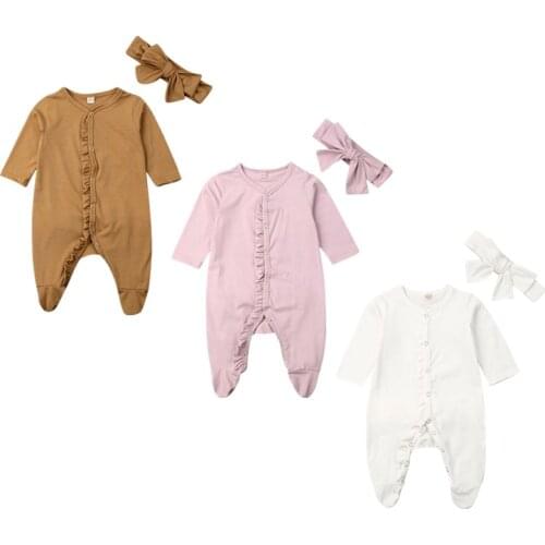 New 2Pcs Infant Baby Boy Girl Footies Bodysuit Sleepwear Pyjamas Headband Autumn Clothes