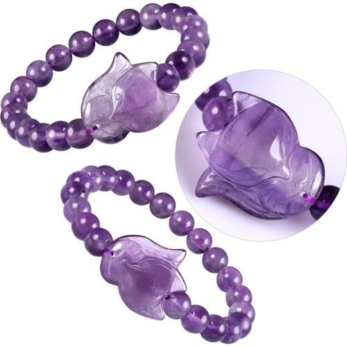 Healing Crystal Stone Beads Bracelet for Women, Hand Carved Fox Amulet Charms Bracelet Stretchy 7