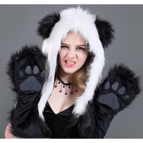 Cute Women Faux Fur Animal Hat Long Scarf Gloves Winter Gloves Hoodie with Paws Ears Cat Cosplay Dress Props TT@88