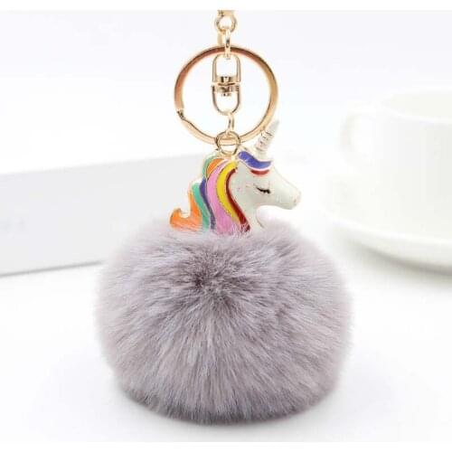 Girls Fashion Jewelry Party Favors Keychains Rainbow Cute Unicorn Fluffy Balls Key Ring Baby Shower For Women Bags S333