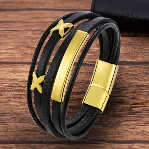 Fashion Magnet Stainless Steel Charm Bracelet For Men Genuine Leather Multilayer Braided Black Casual Punk Bangles Jewelry