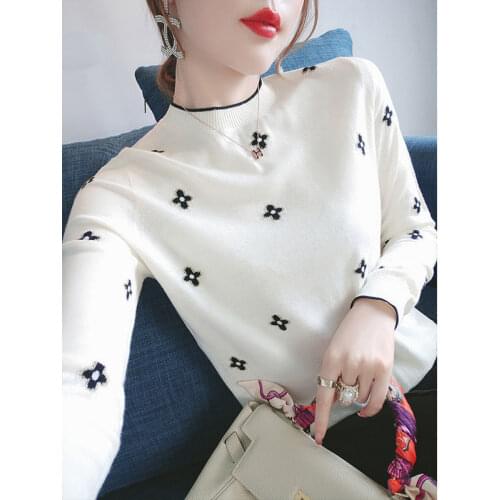 Exquisite Flower Embroidery 2021 Spring New Knitted Sweater Half High Neck Sweet Top
