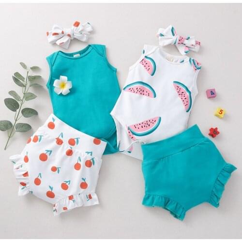 Three Piece Baby Girl’s Clothes Summer Fresh Sleeveless Jumpsuit and Ruffles Short Pants with Headband