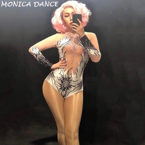 Sexy Women Stage Long Sleeve Net Yarn Bodysuit Colorful Sparkling Crystals 3D Printed Nightclub Party Dancer Singer Stage Wear