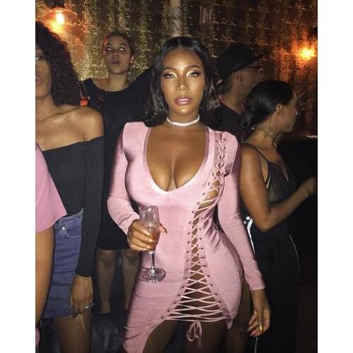 AHVIT Bandage Hollow Out Sexy Party Dress Deep V Neck Long Sleeve SkinnyPackage Hip Side Split Women Mini Dress LS6010