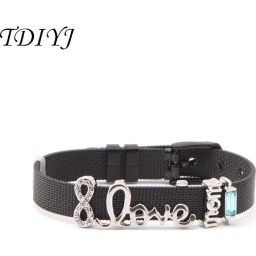 TDIYJ Birth Stone Love Mom Keeper DIY Slide Charms Stainless Steel Mesh Black Bracelet 1Set