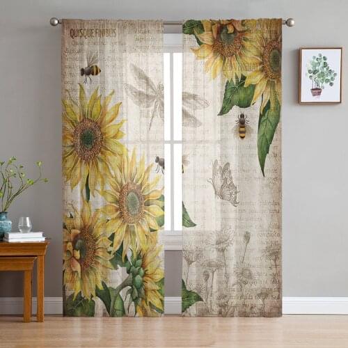 Vintage Sunflower Dragonfly Butterfly Sheer Curtains for Living Room Modern Bedroom Voile Tulle Curtain Window Drapes
