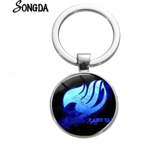 Magic Fairy Tail Anime Keychain Blue Tail Guild Marks Cabochon Glass Round Alloy Key Ring Women Statement Car Key Holder