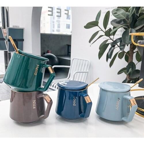 Nordic-style High-end Gold Foil Mug with Lid Spoon Cafe Tea Milk Cups Condensed Coffee Ceramic Cup Saucer Suit Ins Water Cup Gif