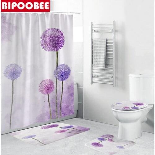 Dandelion Fabric Shower Curtain Purple Flower Bathroom Curtains Set Anti-skid Rugs Toilet Lid Cover Bath Mat Home Decor