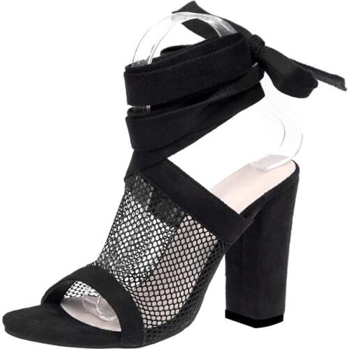 2019 Summer Sandals Shoes Woman Net surface square heel Rome Shoes High Heels Ribbon decoration Sandals Women Shoe Size 35-43