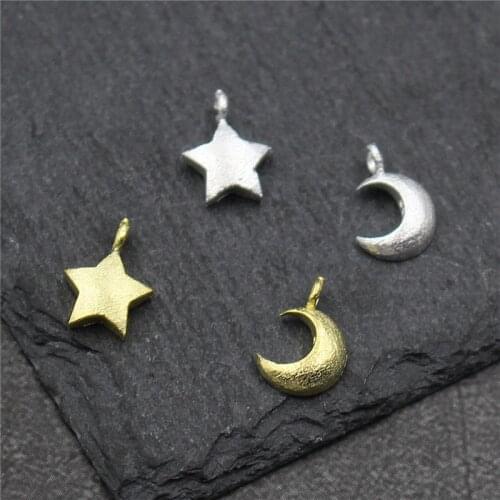 100% 925 Sterling Silver Matte Small Star Moon Charms Pretty Gold Jewelry Pendants Accessories DIY Fine Women Earrings Bracelets