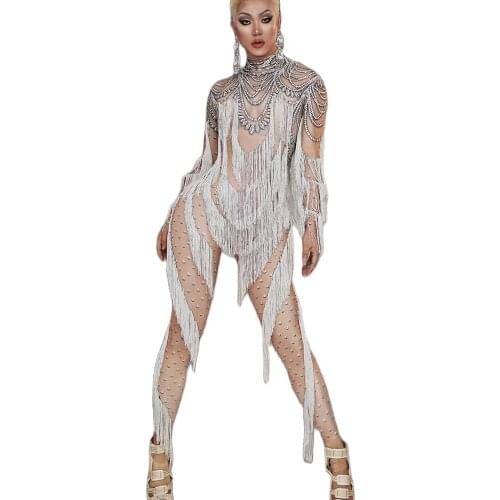 Gray Printing Tassel Bodysuit Long Sleeve Personality Performance Costume Ladies Nightclub Dance Show Wear Women Party Clothing