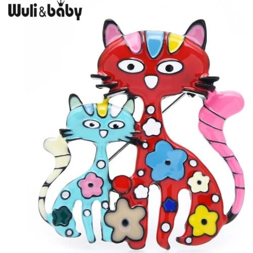 Wuli&baby Couple Two Flower Enamel Cat Brooch Pins New Fashion Badge For Women Jewelry Gift 2021 New Year