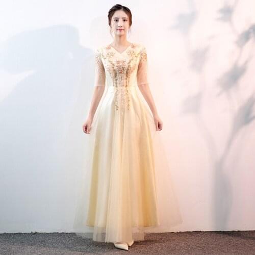 Evening Dress Flowers Embroidery Fashion V-Neck Short Sleeves Zipper Back A-Line New Floor-Length Woman Formal Party Gowns A1329