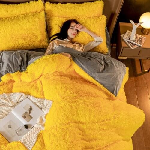 Coral fleece Winter Thick Bedding Set Pure Color Velvet Duvet Cover Bed Sheet Bed Linen Pillowcases Lamb Velvet Coral 4pcs #sw