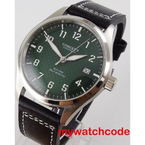 40mm Corgeut green dial date window 316L stainless steel case black leather strap NH35 automatic movement mens watch