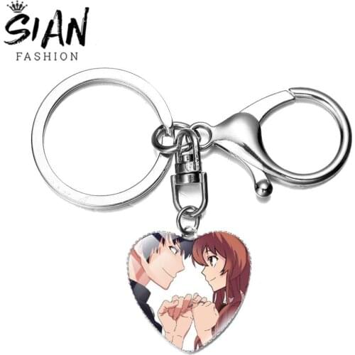 SIAN TIGER×DRAGON! Heart Key Chain Anime Pattern 3D Printed Glass Cabochon Pendant Metal Key Chain Bag Key Ring Holders Cosplay
