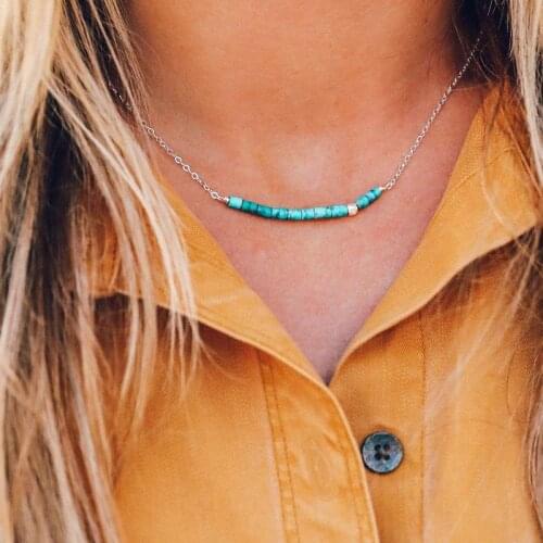 TURQUOISE BEAD NECKLACE Boho Style Minimalist Summer Beach Jewellry Women Girl Dainty Silk Thread Green Beaded Choker Surfer IK3