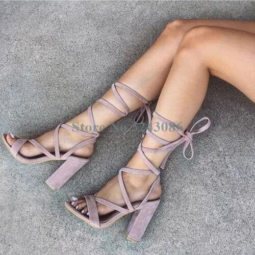 Open Toe Ankle Lace Up Thick Heel Sandals Pink Purple Faux Suede Cross Tied High Heel Sandals Casual Summer Women Party Shoes