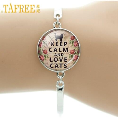 TAFREE Keep Calm and Love Cats badge bracelet fashion Keep Calm bracelet charm ca lover jewelry glass charm women bangle D09