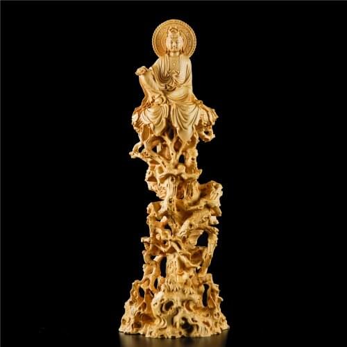 25cm Guanyin Bamboo Rattan Bodhisattva Woodcarving Solid Wood Buddha Statue Crafts Home Decoration