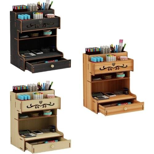 Wooden Pen Holder with Drawer Multi-Functional Desktop Stationary Pencil Box Home Office Art Supplies Organizer Rack