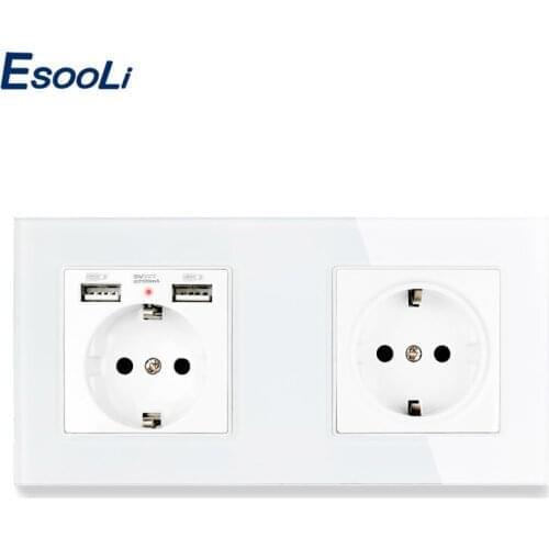 Esooli 2 Gang Russia Spain EU Standard Wall Socket Crystal Glass Panel With 2 USB Charge Port Hidden Soft LED Indicator