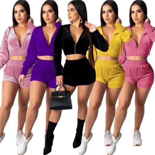 Imcute Women Sexy Tracksuit Velvet Long Sleeve Hooded Fron Zip Up Coat Crop Tops High Waist Shorts Pants 2pcs Set Streetwear New