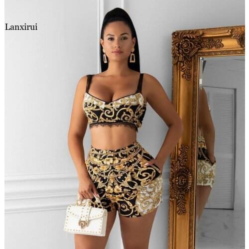 Summer Luxury Print 2 Piece Set Women Lace Trim Crop Top and Shorts Sexy Festival Outfits Club Party Matching Sets