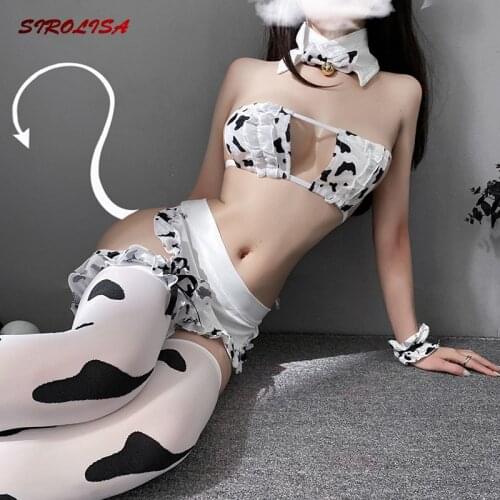 New Cute Anime Maid Cow Print Lingerie Mini Bra G-string Apron Tail Headband Stockings Bikini Women Erotic Sexy Cosplay Costume