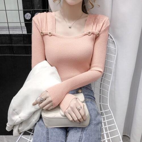 2020New Autumn Winter Korean Version Fashion Sweater knitwear Women Square Collar Long Sleeves All-Match Hedging Sweaters Female