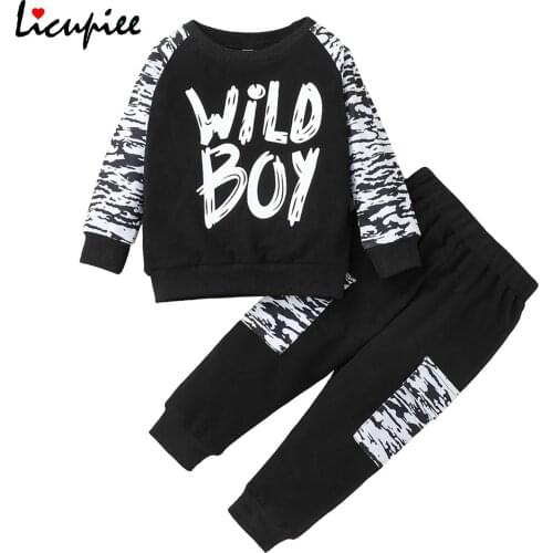 1-6 Years Letter Boy Sets Toddler Boy 2pcs Fall Outfits, Trendy Letter Print Long Sleeve Tops and Elastic Waist Pants Set
