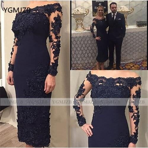 Off The Shoulder Sheath Mother of The Bride Dresses Long Sleeve Appliques Lace Mother Dress For Wedding Party Mom Dress 2020