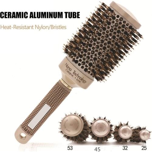 Professional Thermal Ceramic Ionic Round Barrel Hair Brush Comb with Boar Bristle