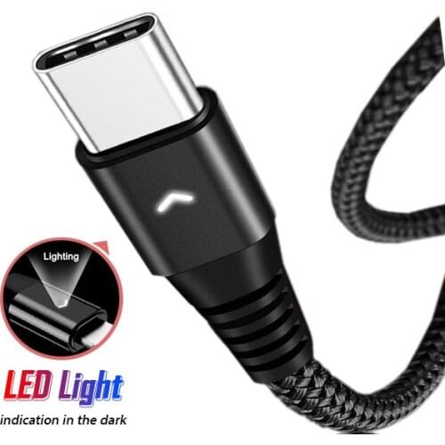 LED Lighting USB Type C Chargeur Cable Long Short Quick Fast Charging USBC Data Sync Cabel Cord for Mobile Phone Samsung Xiaomi