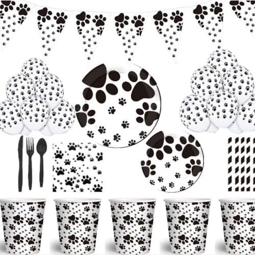 Dog Party Decoration Pet Birthday Party Supplies Dogs Paw Print Balloon Banner Family Party Disposable Tableware Straw