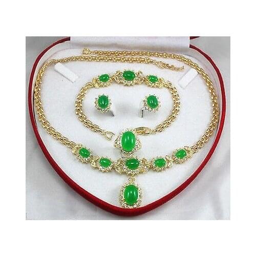 Womens jewelry green jade Earring Bracelet Necklace Ringplated watch wholesale Quartz jade CZ crystal set