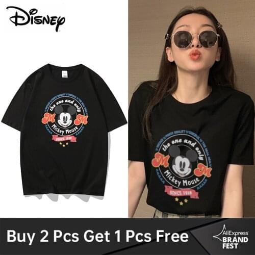 Disney Summer Women O-Neck T-shirt 100% Cotton Casual Short Sleeve Top Plus Size Mickey Mouse Letter Print Tees Female Tshirts