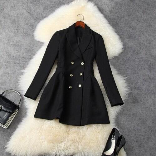 European and American womens wear 2020 winter new style Long-sleeved suit collar double-breasted Fashion black coat