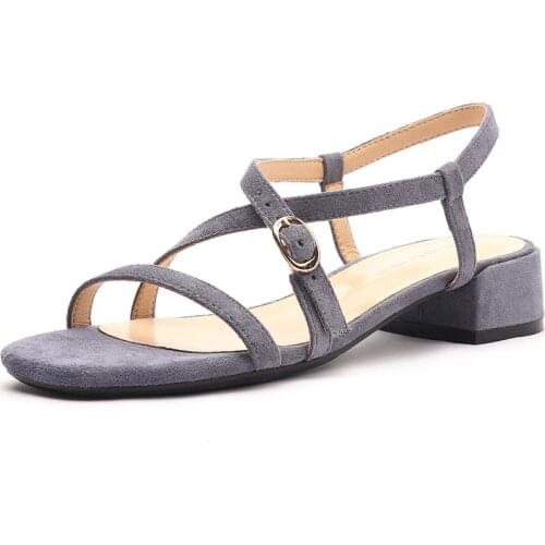 Sandals Women Mid Heel Summer Slip-on Buckle Ladies Shoes Round Toe Flock 3.5CM Thick High Heels women shoes size 35-42 black
