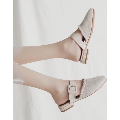 Casual design cover toe canvas slipper women new summer ankle strap lazy shoes fringe tassel mules low heels slides shoes woman