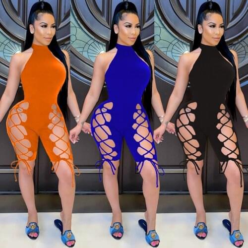 Adogirl Women Solid Playsuit Sleeveless Half Turtleneck Bandage Hollow Out Elastic Bodycon Playsuits Summer One Piece Overalls