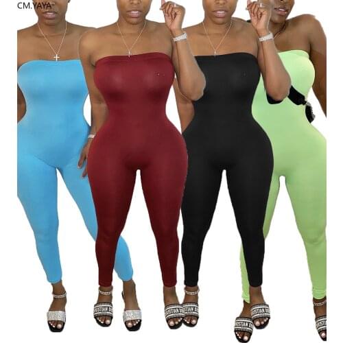 CM.YAYA solid color women strapless bodycon skinny sport jumpsuit one piece romper overalls streetwear playsuit