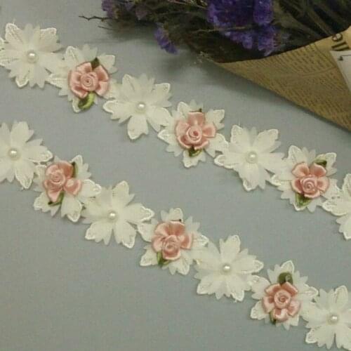 2 yard Ivory Cotton Flower Pearl Embroidered African Lace Fabric Ribbon Applique Handmade DIY Lace Trim Sewing Craft New
