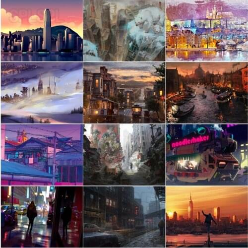 Diamond Painting Building Cartoon Anime Style Beautiful Quiet Dream City Street View Oil Painting Bedroom Porch Decor Pictures