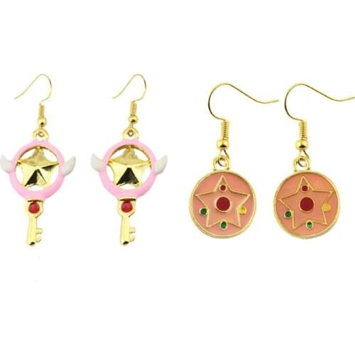 Anime Card Captor Sakura cosplay cute jewelry Penta star key magic wand wing earrings pendant